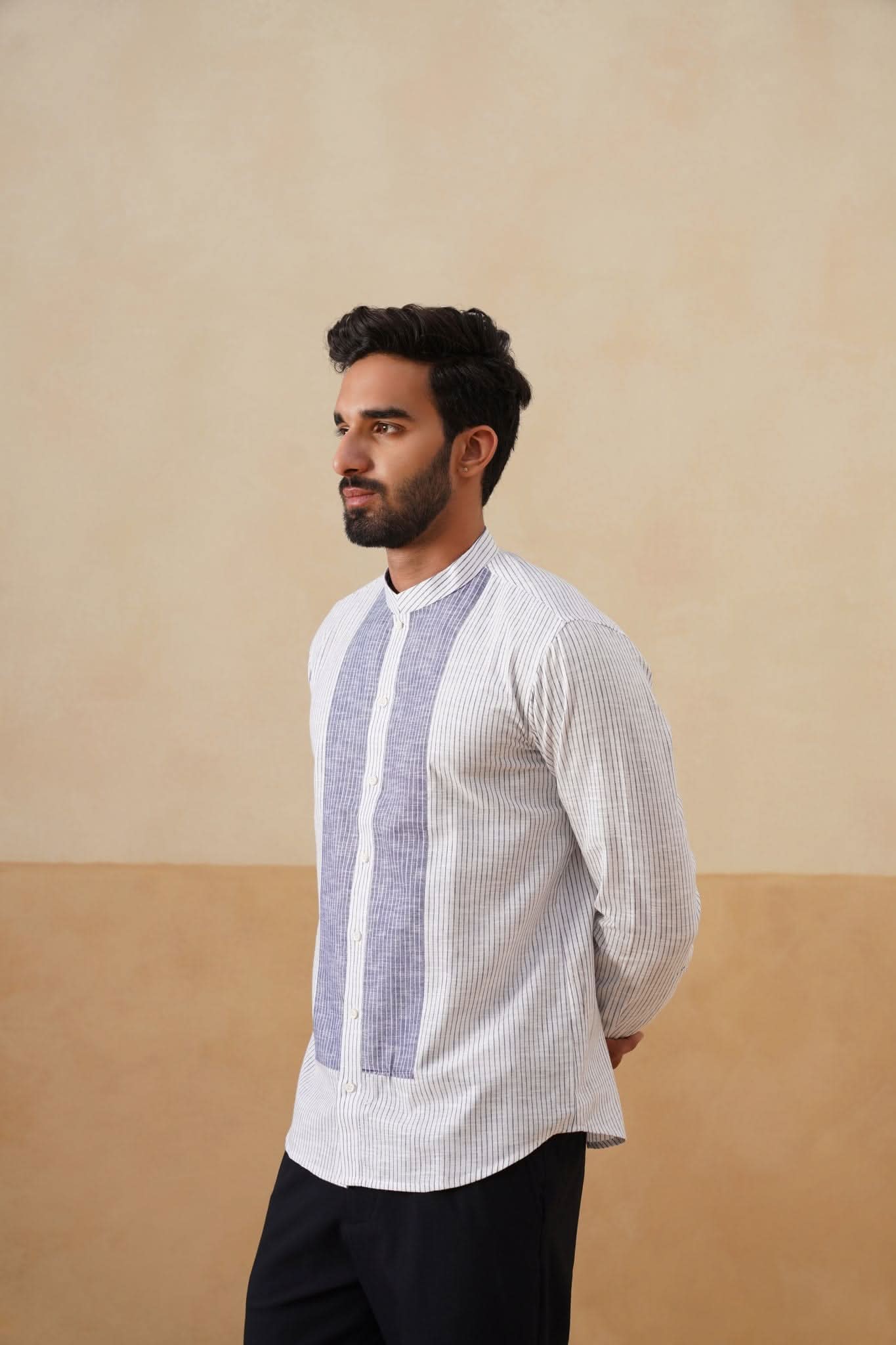 White and Blue Panel Ethnic Shirt