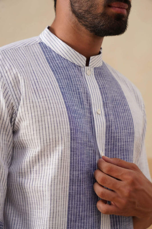 White and Blue Panel Ethnic Shirt