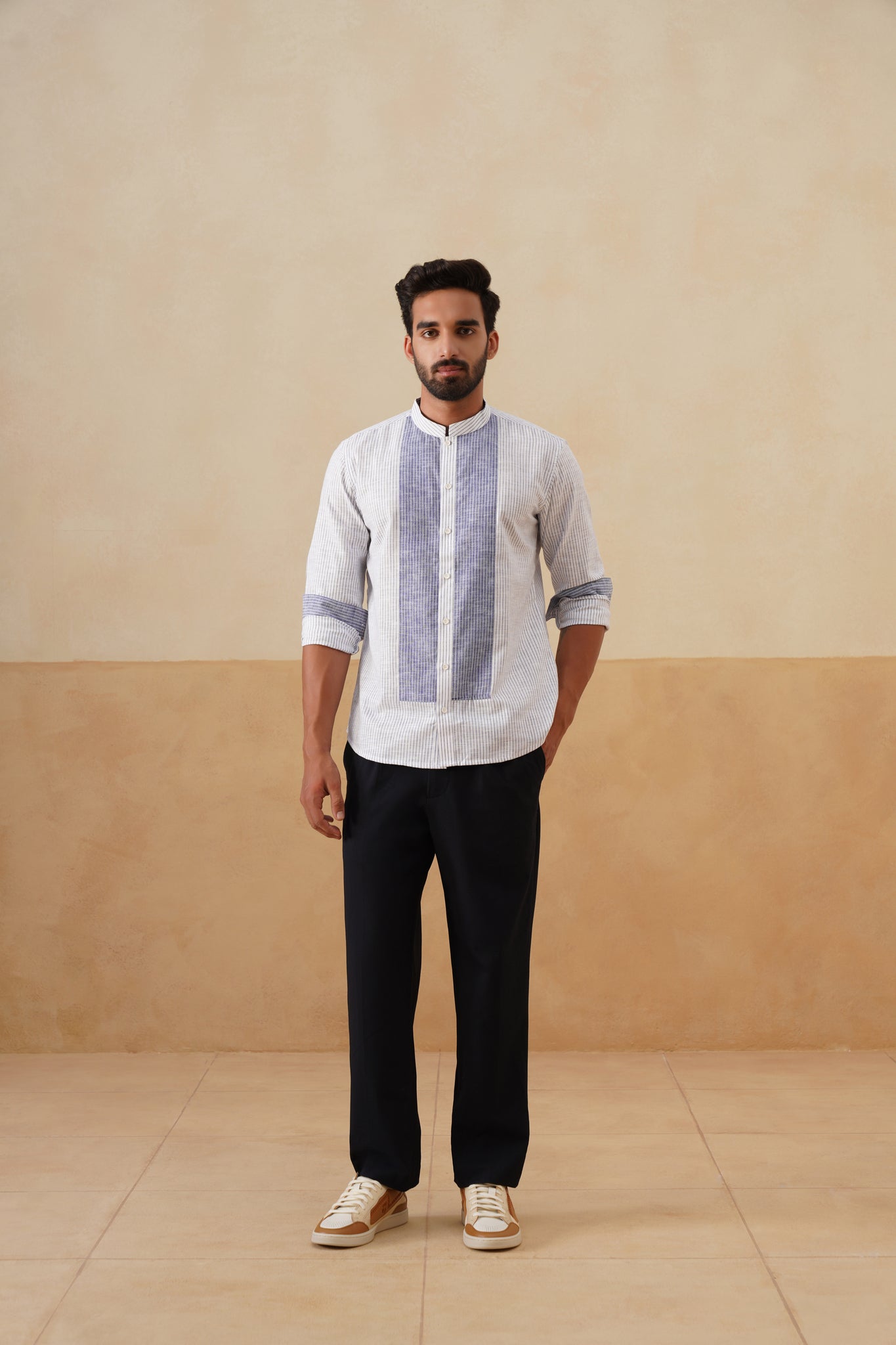 White and Blue Panel Ethnic Shirt