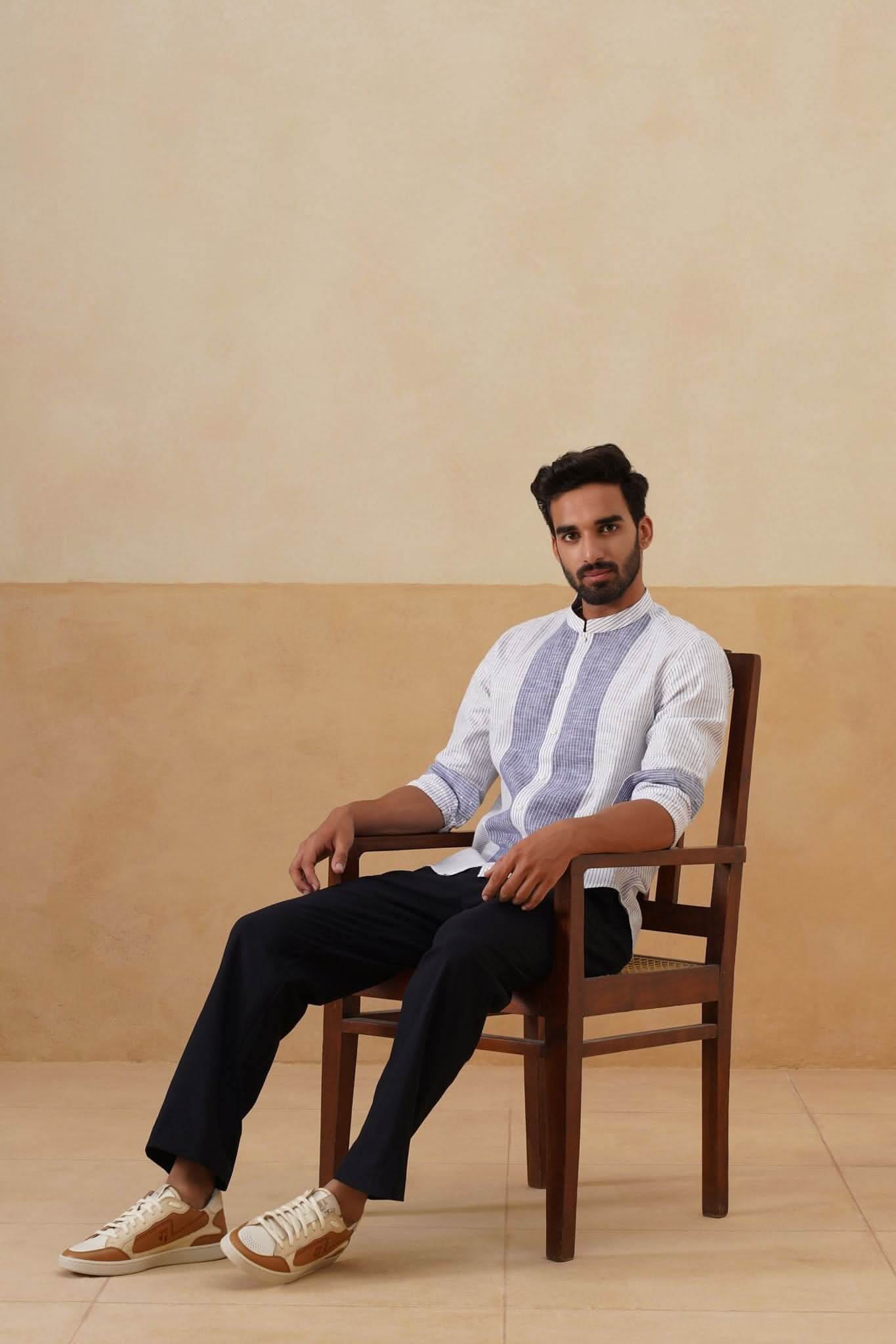 White and Blue Panel Ethnic Shirt