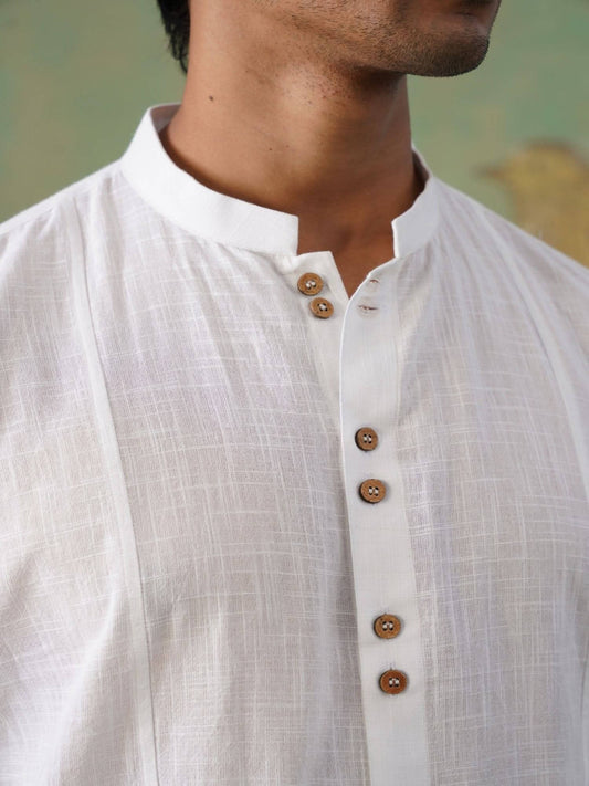 White Cotton Short Kurta with Wooden Buttons