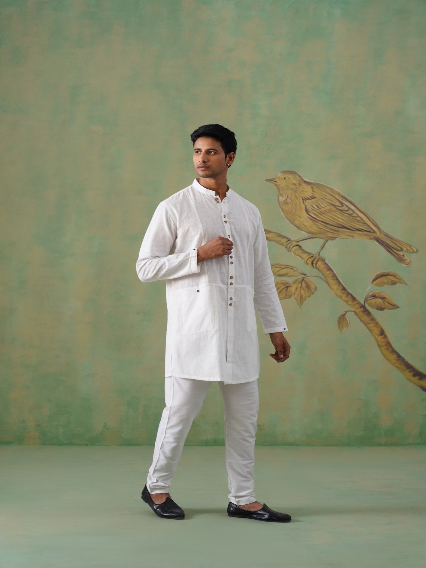 White Cotton Short Kurta with Wooden Buttons