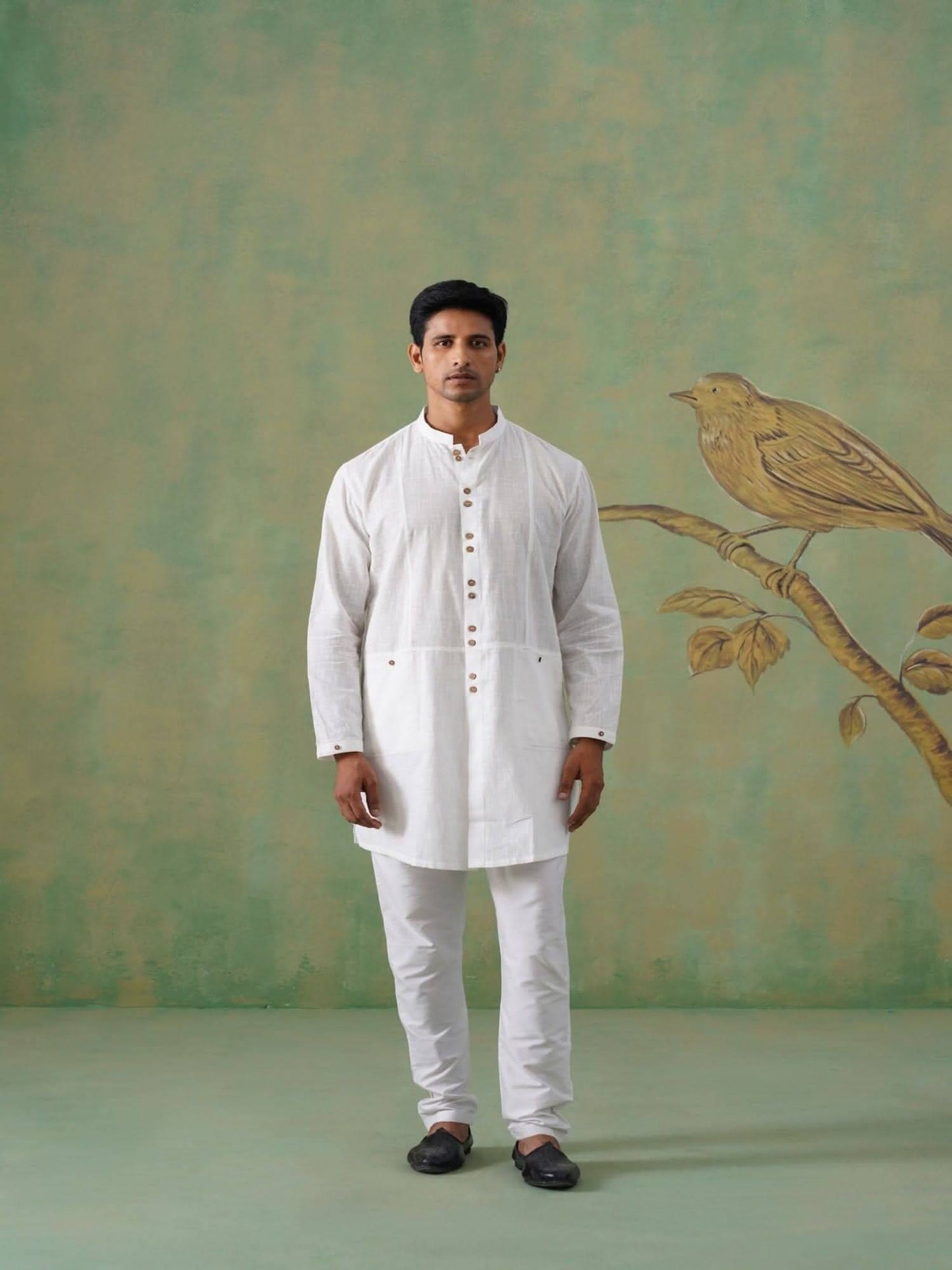 White Cotton Short Kurta with Wooden Buttons