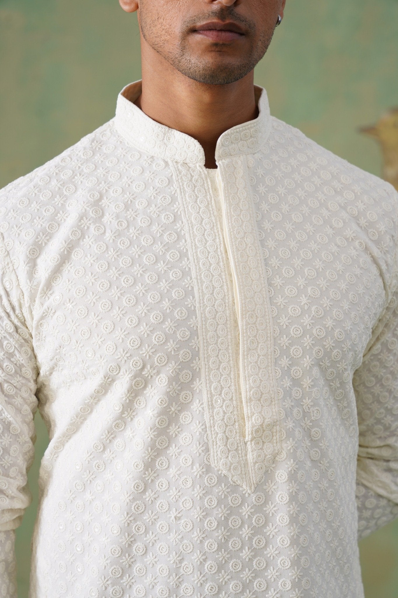 White Textured Embroidered Cotton Kurta Set