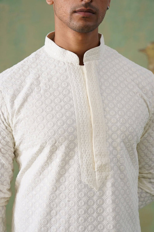 White Textured Sequin-Embellished Cotton Kurta Set