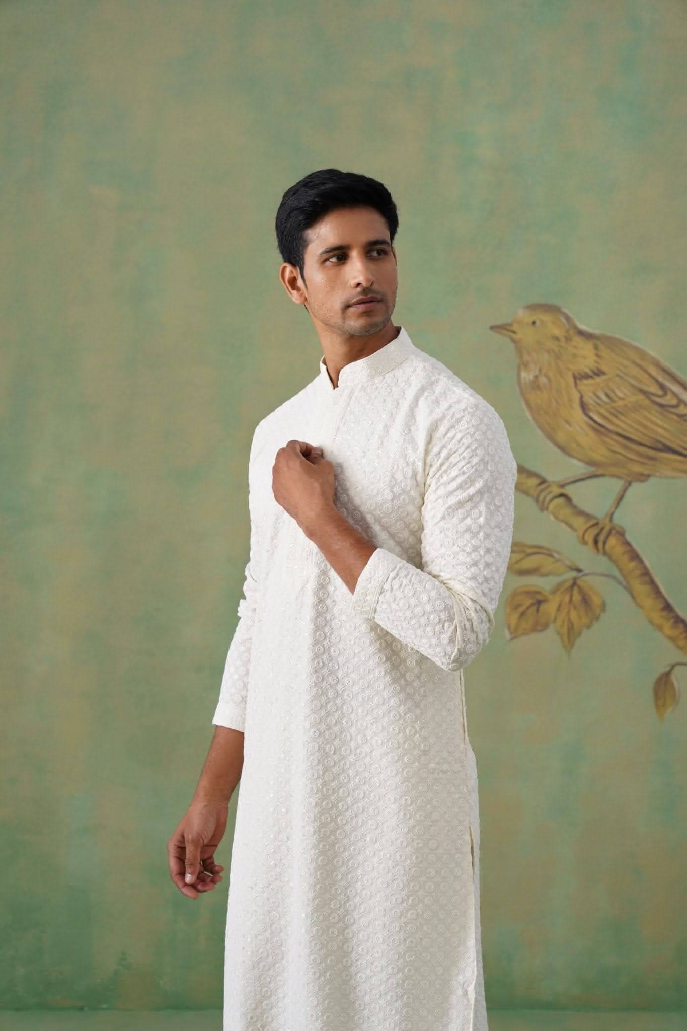 White Textured Sequin-Embellished Cotton Kurta Set