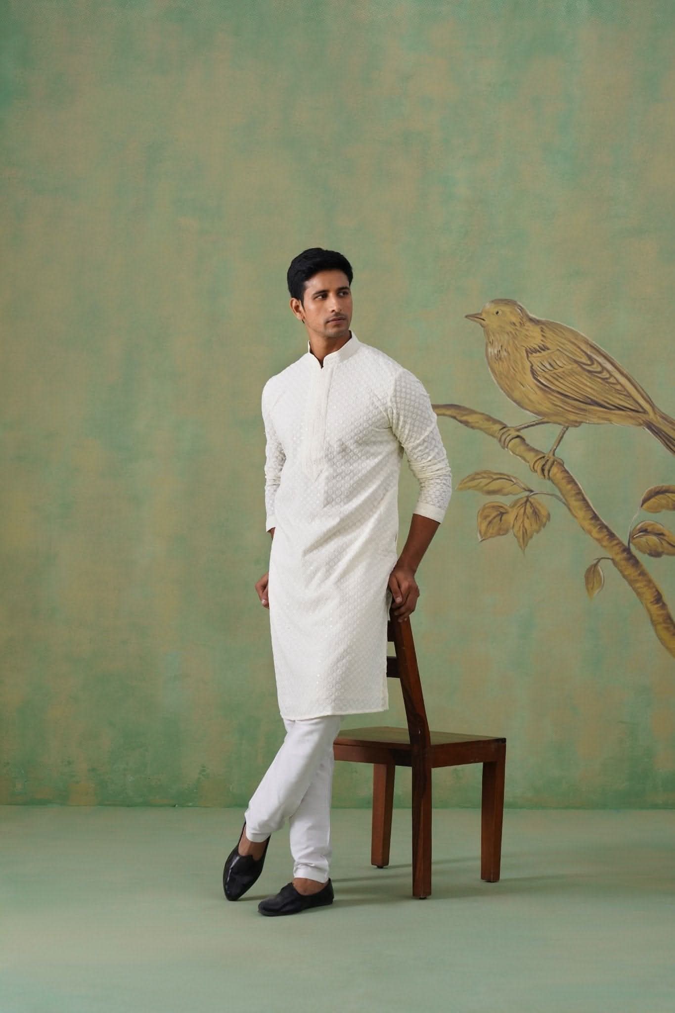 White Textured Sequin-Embellished Cotton Kurta Set