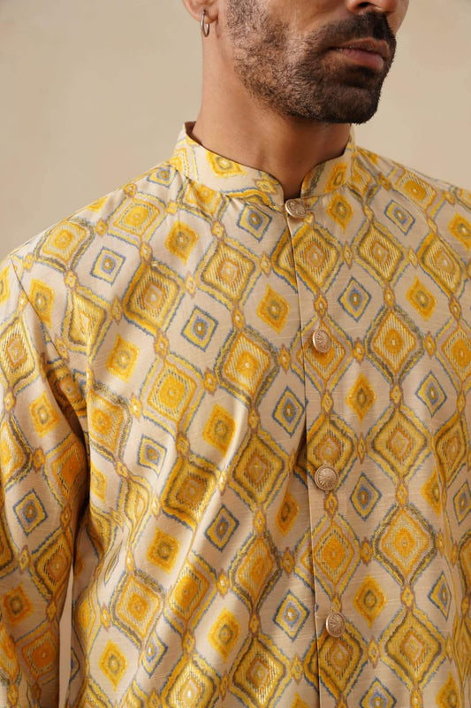 Yellow Geometric Ikat Short Kurta