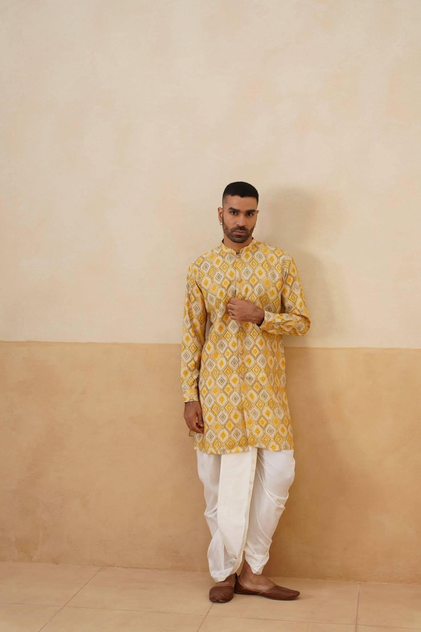 Yellow Geometric Ikat Short Kurta
