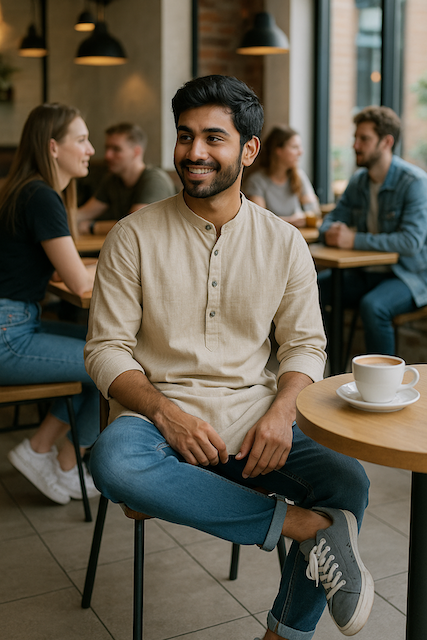 Man wearing casual kurta with jeans in coffee shop setting