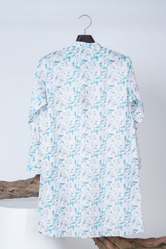 White Kurta with Soft Blue Floral Print