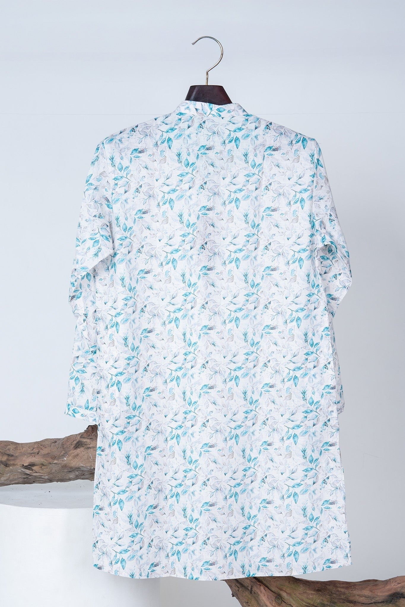 White Kurta with Soft Blue Floral Print