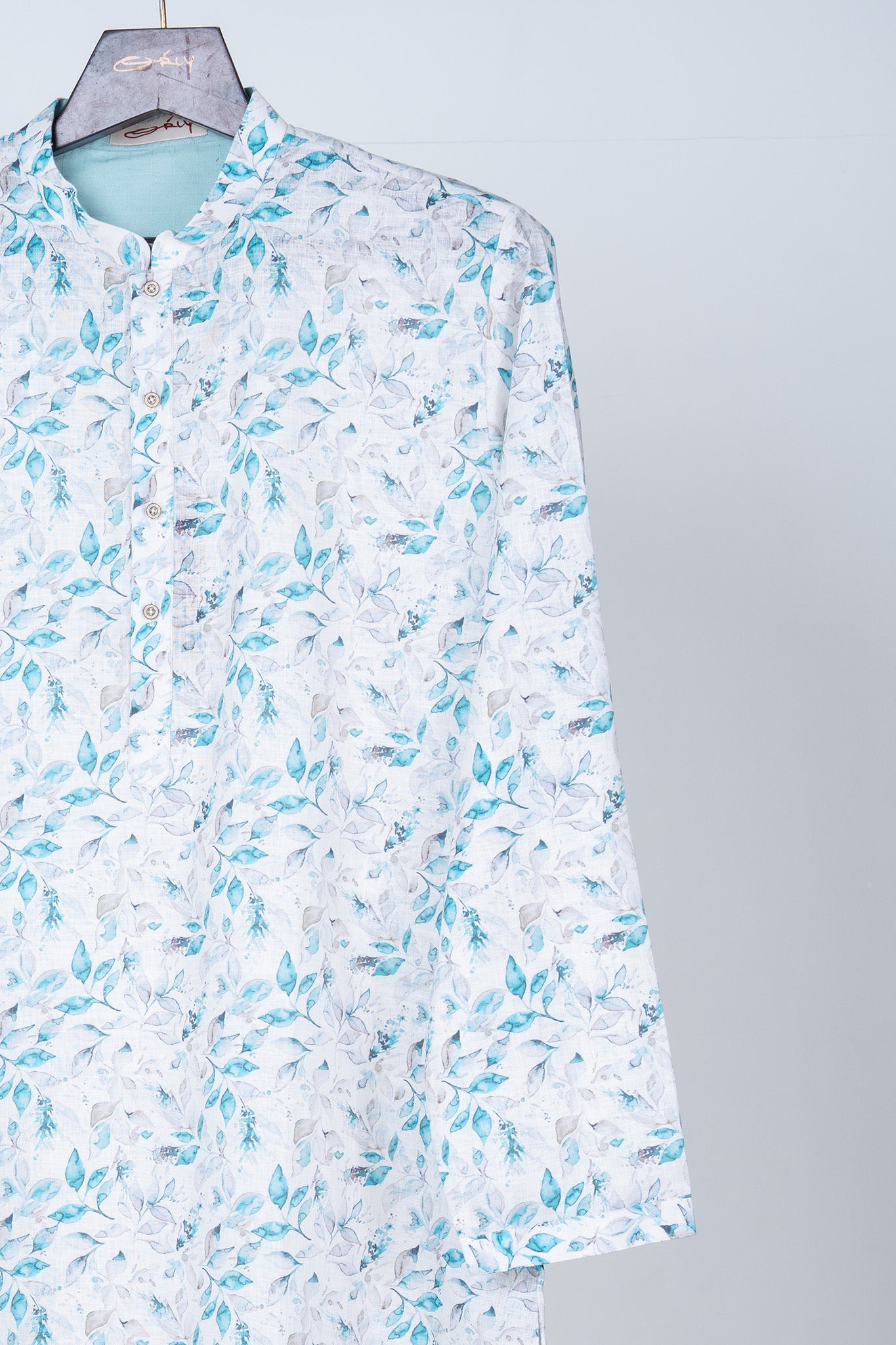 White Kurta with Soft Blue Floral Print