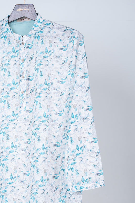 White Kurta with Soft Blue Floral Print