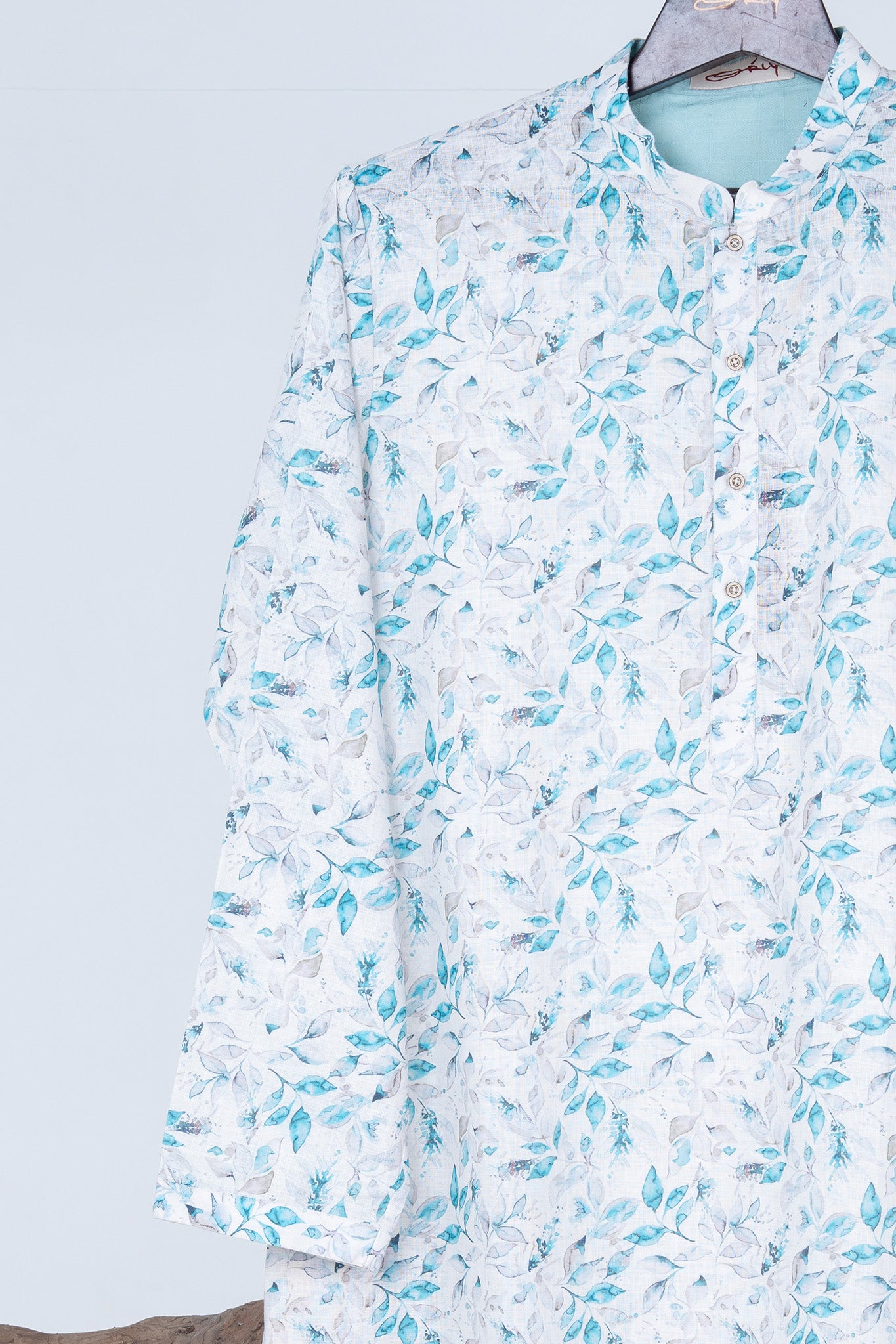 White Kurta with Soft Blue Floral Print