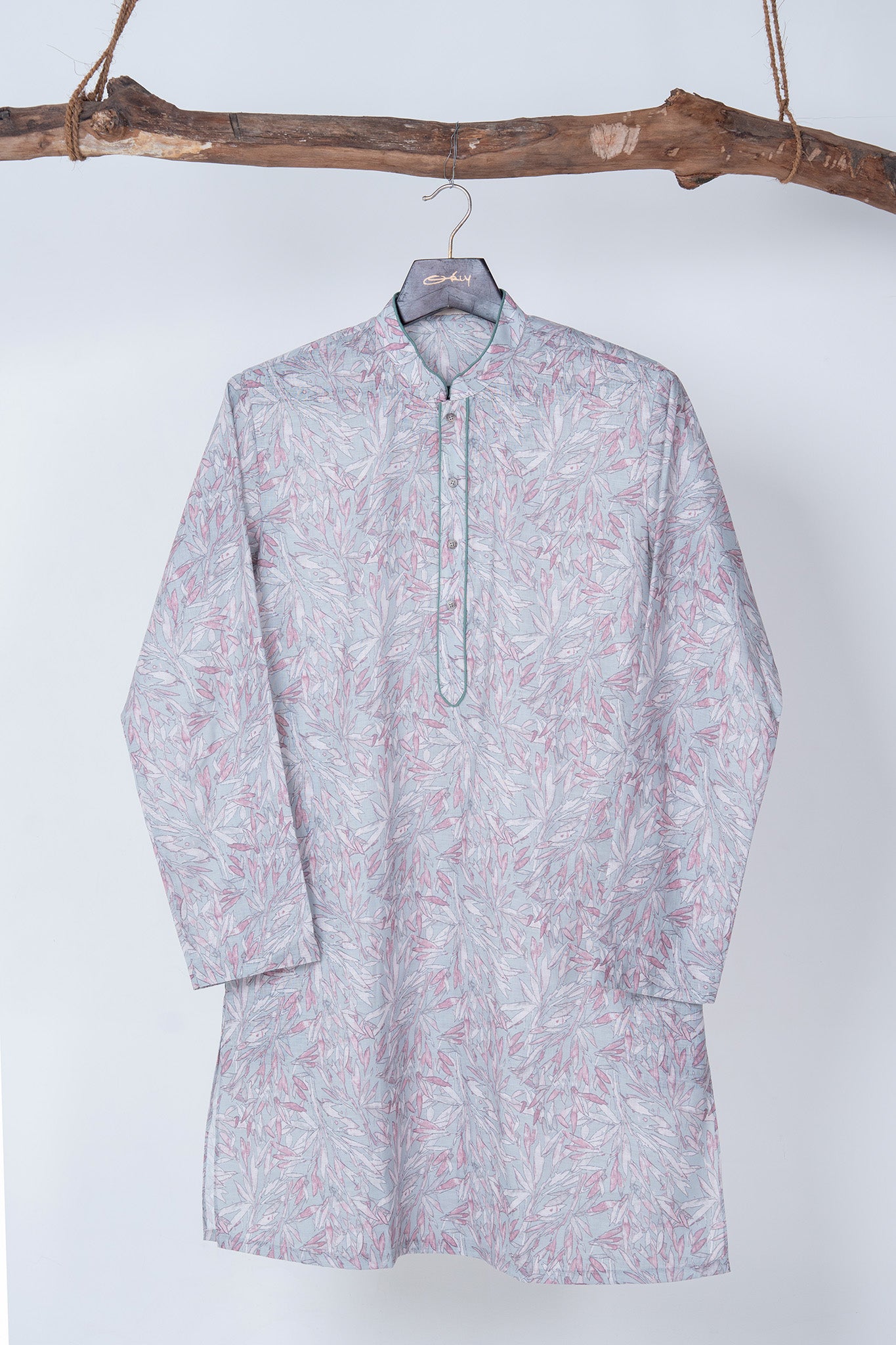 Mist Blue Botanical Print Cotton Kurta