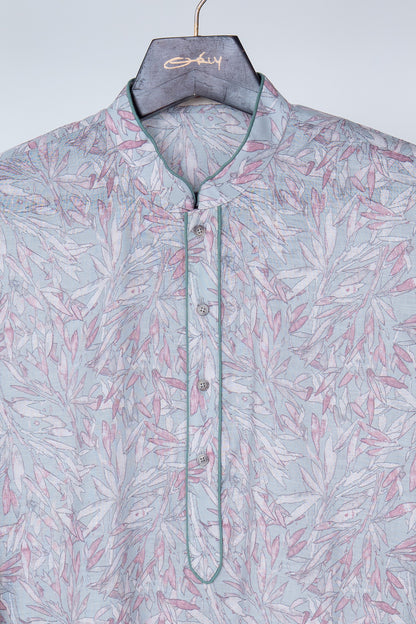 Mist Blue Botanical Print Cotton Kurta