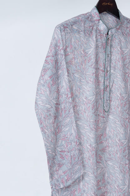 Mist Blue Botanical Print Cotton Kurta
