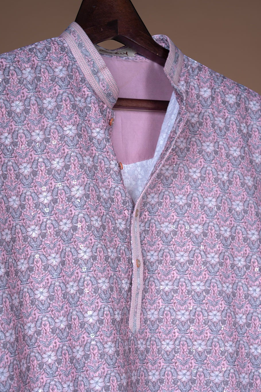 Lilac Floral Print Kurta with Sequin Accents