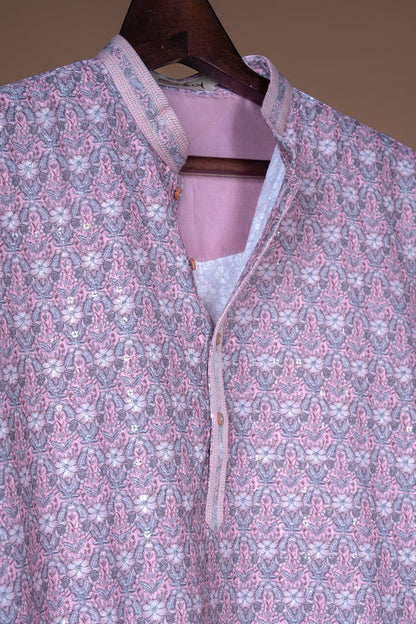 Lilac Floral Print Kurta with Sequin Accents