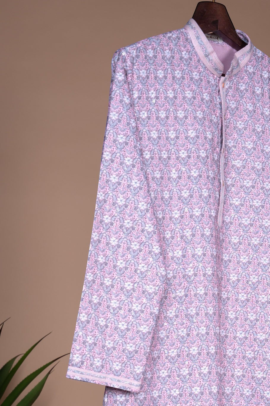 Lilac Floral Print Kurta with Sequin Accents
