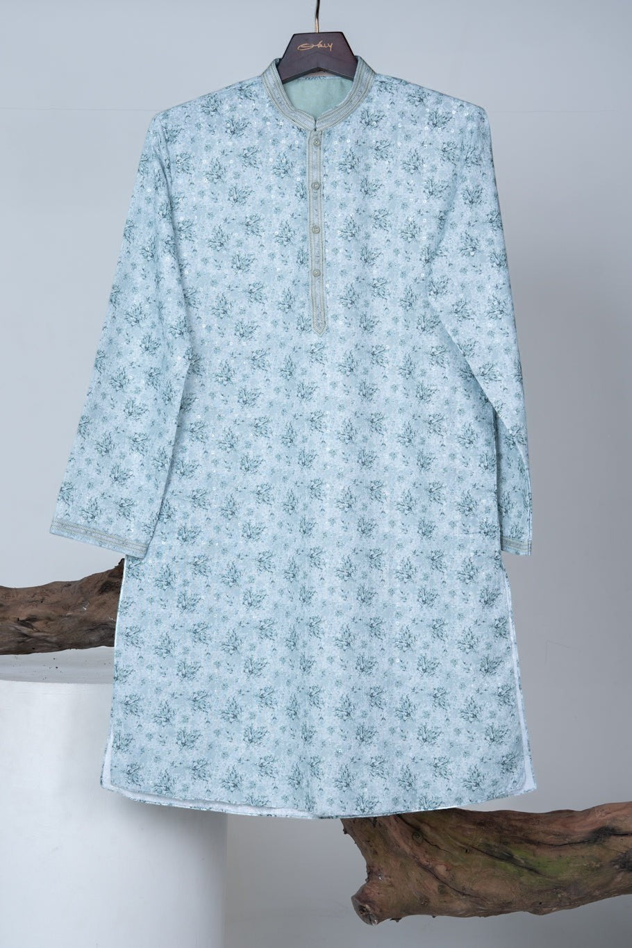 Pastel Mint Green Floral Print Kurta with Sequin Accents