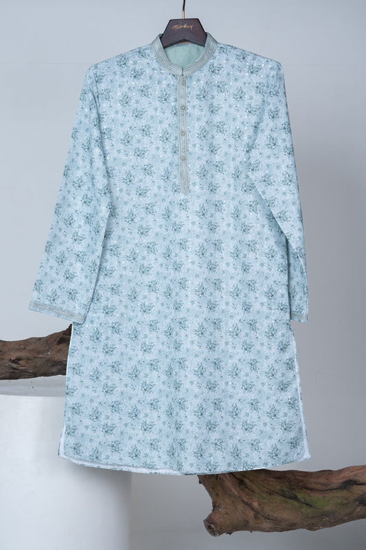 Pastel Mint Green Floral Print Kurta with Sequin Accents