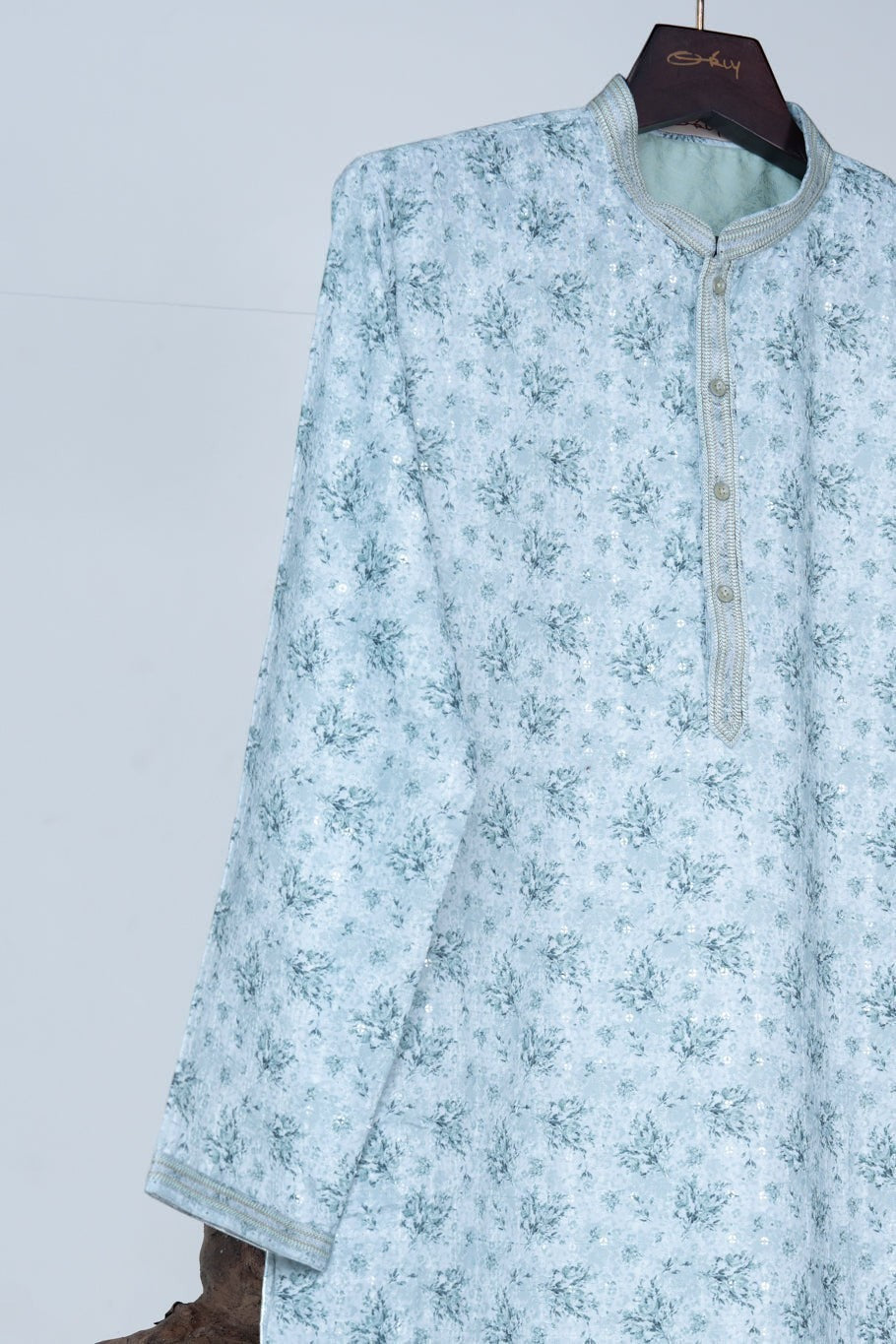 Pastel Mint Green Floral Print Kurta with Sequin Accents