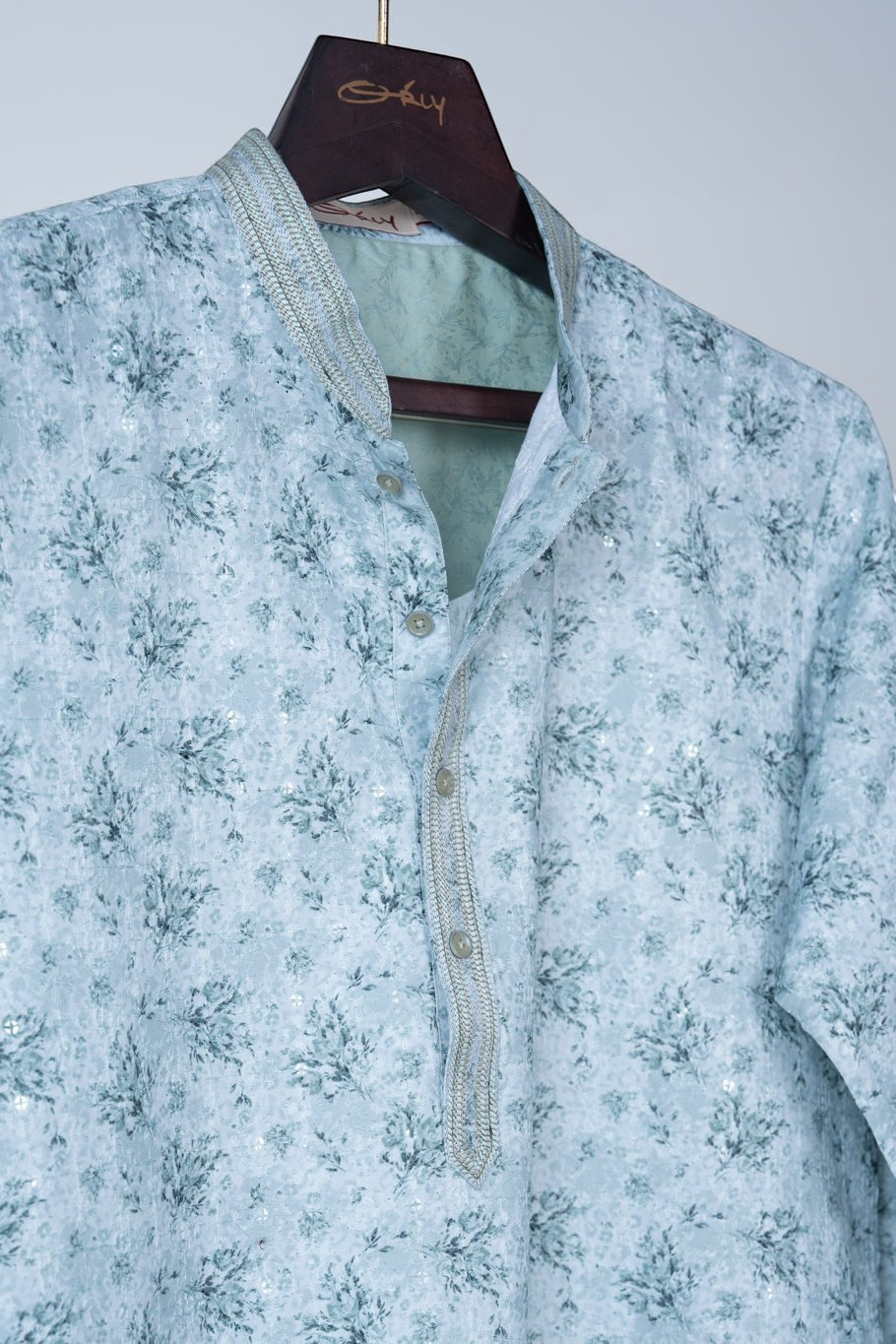 Pastel Mint Green Floral Print Kurta with Sequin Accents