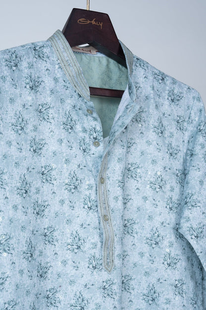 Pastel Mint Green Floral Print Kurta with Sequin Accents