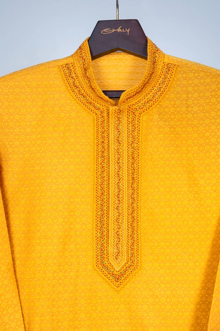 Mustard Jacquard Kurta Set with Hand Embroidery