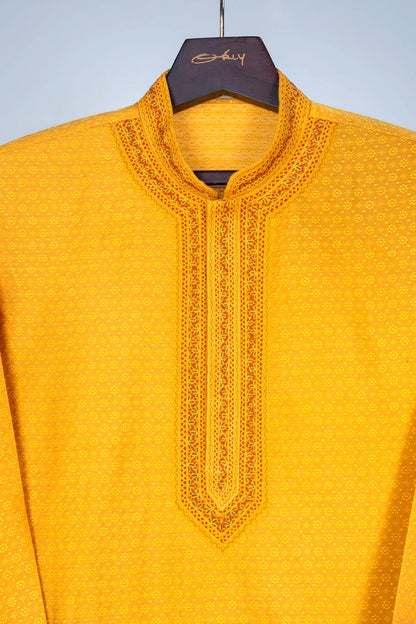 Mustard Jacquard Kurta Set with Hand Embroidery