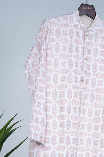 Blush Geometric Jacquard Embroidered Kurta Set