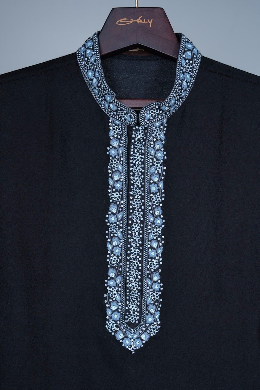 Black Floral Hand Embroidered Placket Kurta Set