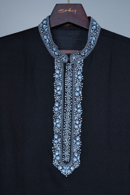 Black Floral Hand Embroidered Placket Kurta Set