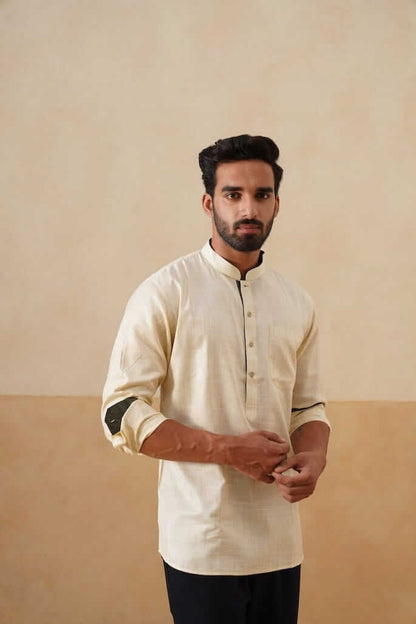 Cream Cotton Ethnic Shirt with Contrast Cuff Detail