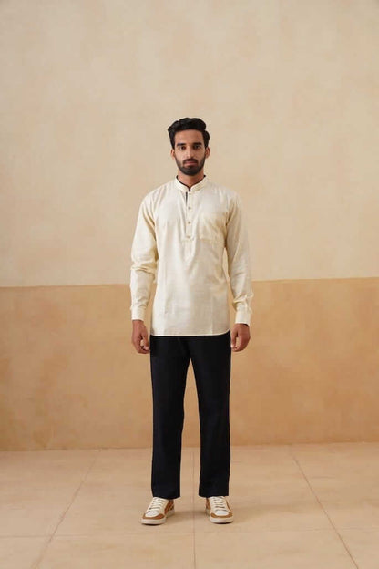 Cream Cotton Ethnic Shirt with Contrast Cuff Detail