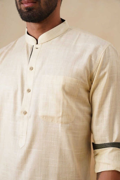 Cream Cotton Ethnic Shirt with Contrast Cuff Detail