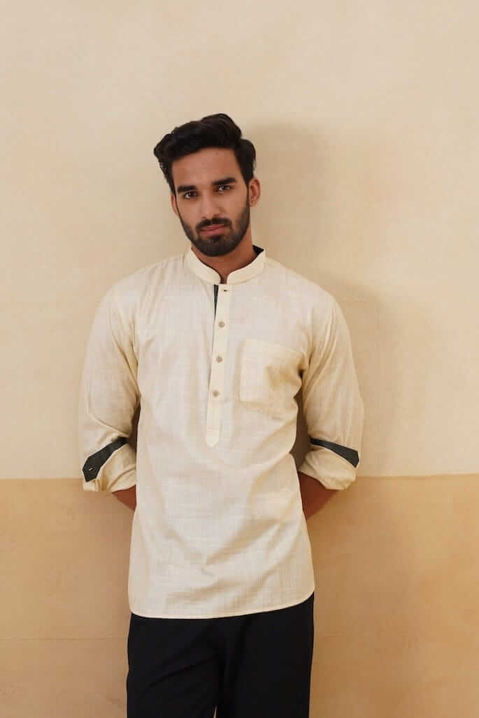 Cream Cotton Ethnic Shirt with Contrast Cuff Detail