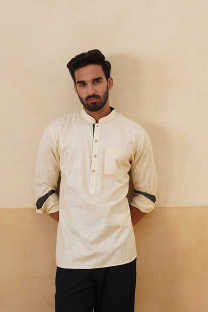 Cream Cotton Ethnic Shirt with Contrast Cuff Detail