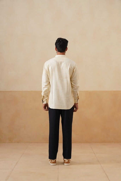 Cream Cotton Ethnic Shirt with Contrast Cuff Detail