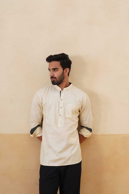 Cream Cotton Ethnic Shirt with Contrast Cuff Detail