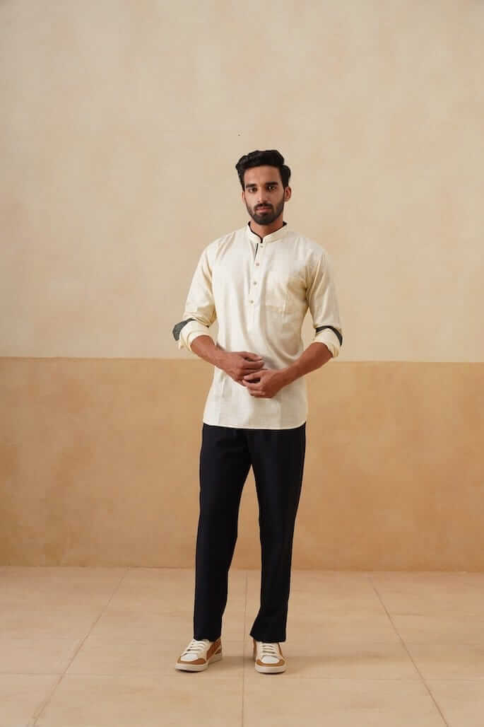 Cream Cotton Ethnic Shirt with Contrast Cuff Detail