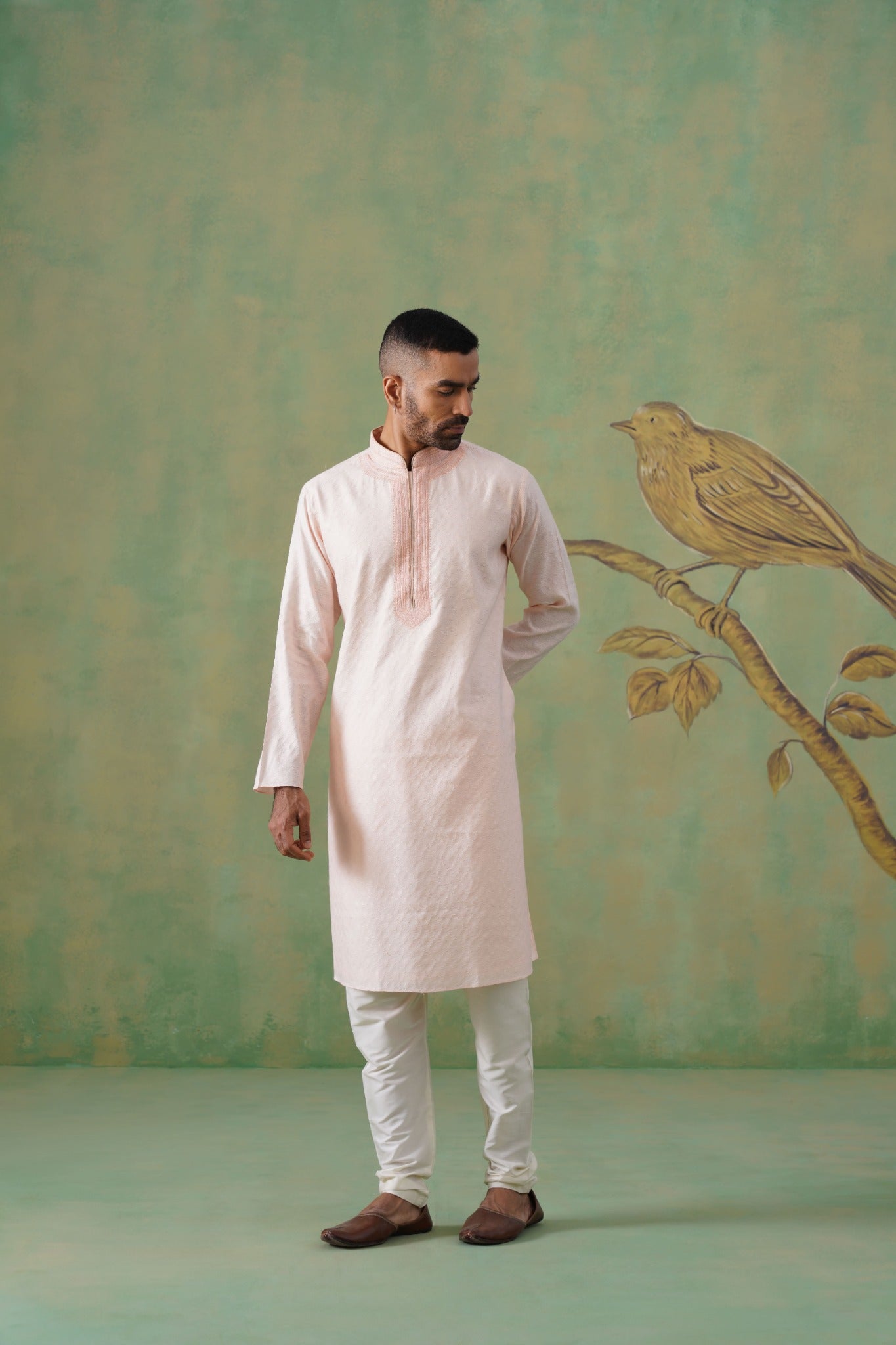 Dusty Rose Textured Kurta Set with Delicate Hand Embroidery