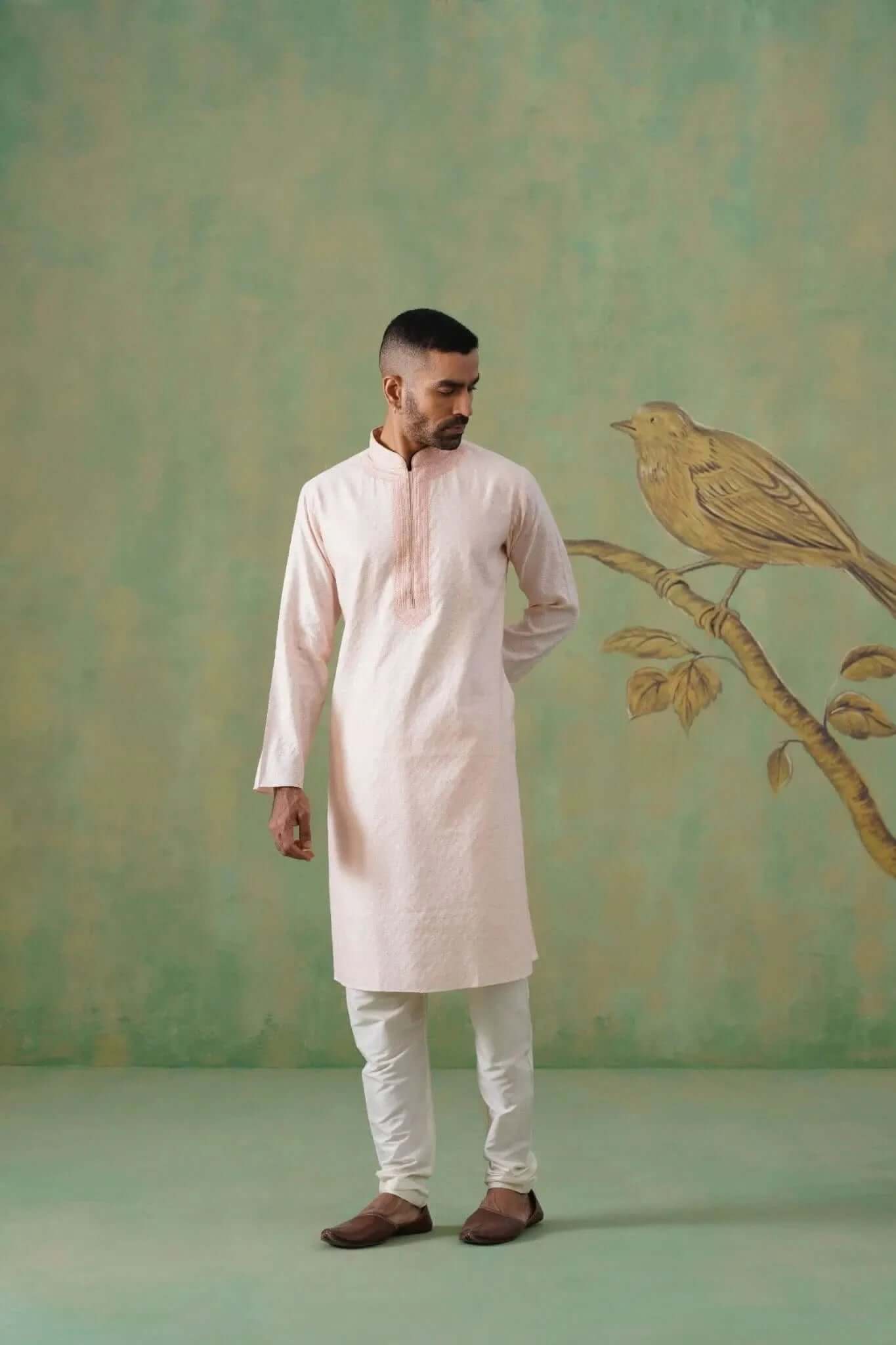 Dusty Rose Textured Kurta Set with Delicate Hand Embroidery