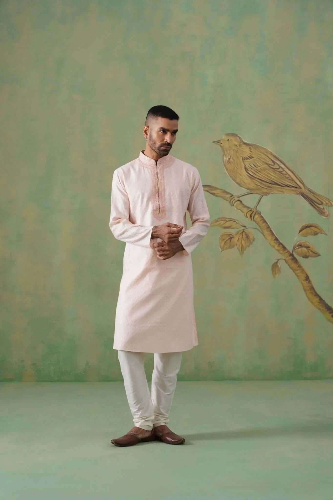 Dusty Rose Textured Kurta Set with Delicate Hand Embroidery