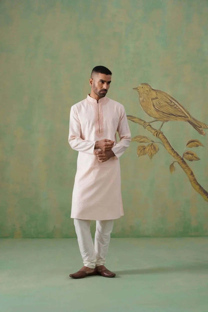 Dusty Rose Textured Kurta Set with Delicate Hand Embroidery