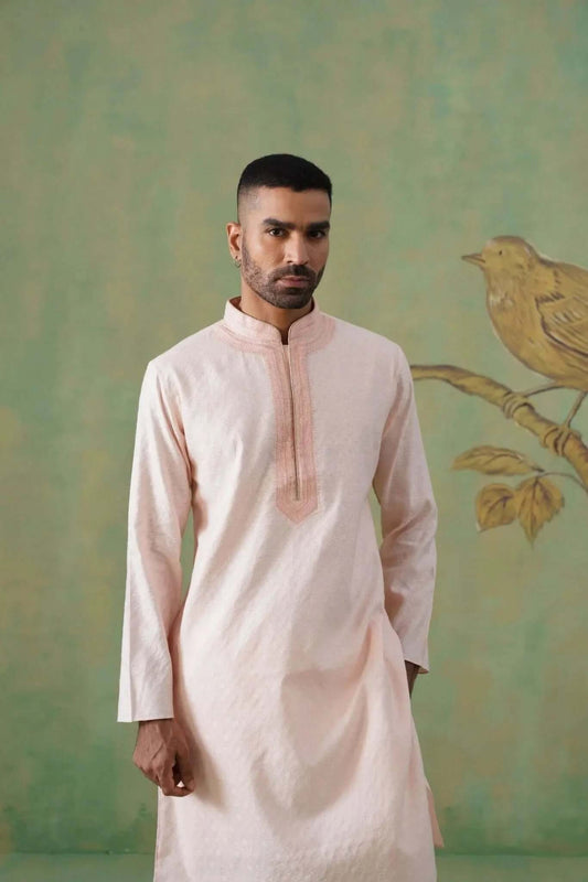 Dusty Rose Textured Kurta Set with Delicate Hand Embroidery