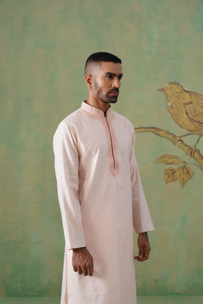 Dusty Rose Textured Kurta Set with Delicate Hand Embroidery