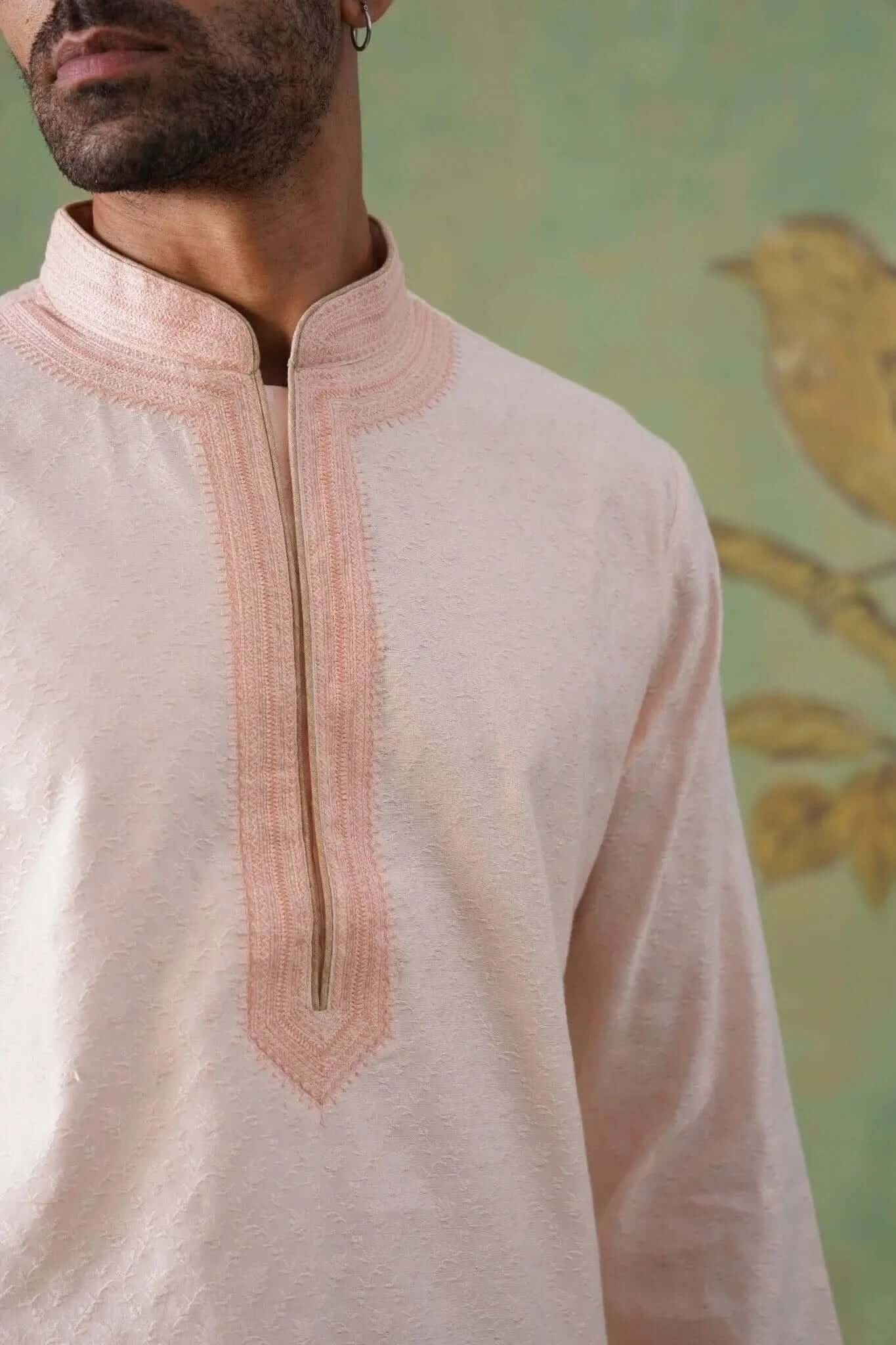 Dusty Rose Textured Kurta Set with Delicate Hand Embroidery